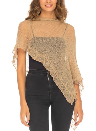 Image of SHU-SHI Women's Sheer Knit Poncho Shrug Lightweight Asymmetrical Ruffle Wrap Dressy Summer Shawl Cover Up Top