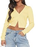 Ezbelle Deep V Neck Women's Summer Tops Button Down Shirts Blouse Tight Crop Tshirts Classy Elegent Knit Cropped Sweater Sexy Fall Tops LightYellow XL