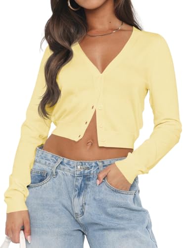 Ezbelle Deep V Neck Women's Summer Tops Button Down Shirts Blouse Tight Crop Tshirts Classy Elegent Knit Cropped Sweater Sexy Fall Tops LightYellow XL