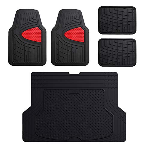 FH Group Car Seat Covers Premium Tall Trimmable Channel Rubber Floor Mats Full Set - Universal Fit for Cars Trucks and SUVs (Red) F11311 + F16400