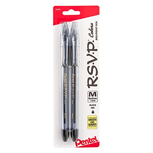 Pentel RSVP Colors Ballpoint Pen, (1.0mm), Medium Line, Black Ink, Pack of 2 (BK91CRBP2A)
