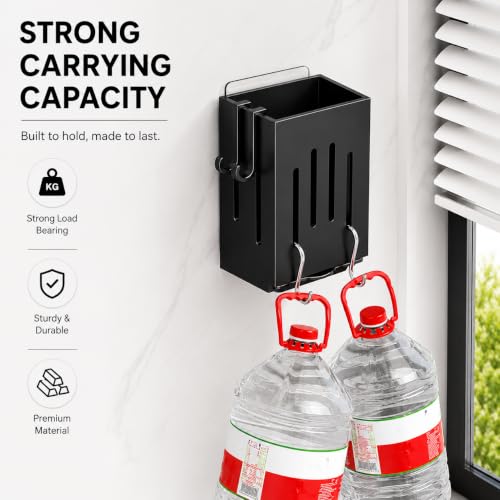 Image of KitchAntiqueWall Mounted 3 Pc Utensil Holder with Hooks | Self Draining Cutlery Organizer, Adhesive Installation | Waterproof Kitchen Spoon Chopstick Storage Rack for Countertop & Wall Use (Black)
