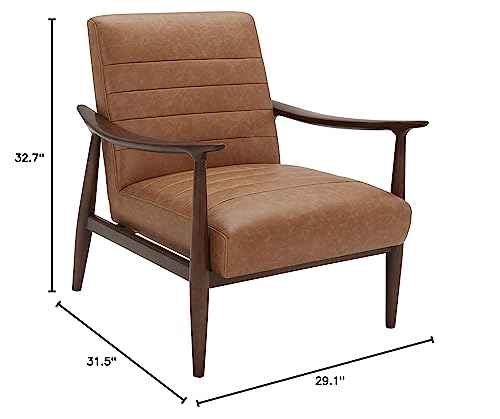 Image of Amazon Brand - Rivet Spear Mid-Century Modern Channel Tufted Leather Accent Chair with Wood Arms, 29.1 inchW, Cognac Brown