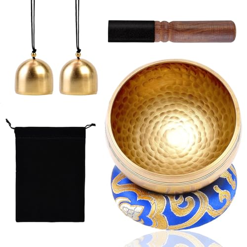 Cuenco Tibetano Nepal,Juego De Cuencos Tibetanos,Martillos de Madera,Bolsas de Tela,Almohadillas de Seda y 2 Campanas de Bronce,Cuenco Tibetano(6PCS)