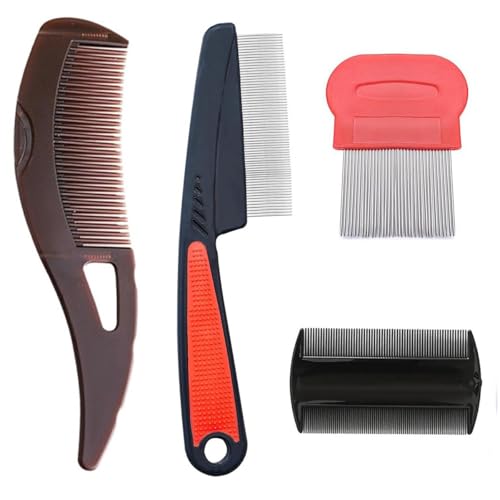 TSUOUKL 4x Peine Profesional para Piojos - Elimina Liendres/Caspa en Humanos y Mascotas (Perros/Gatos), Peine Antipulgas de Acero Inoxidable con Púas Finas