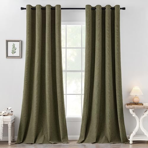 Image of MIULEE Linen Texture Curtains for Bedroom Solid 100% Blackout Thermal Insulated Light Olive Green Curtains Grommet Room Darkening Drapes for Living Room 52x108 Inch (2 Panels)