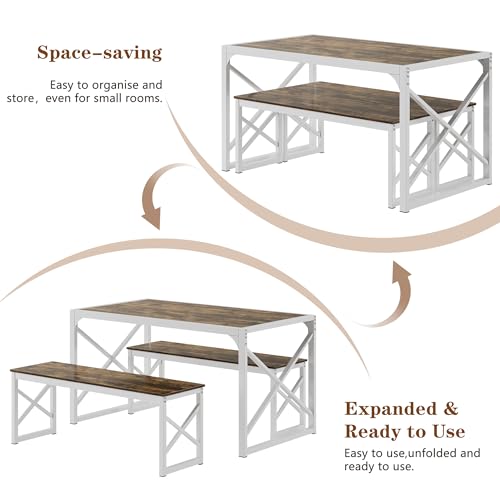 Image of VECELO 55 inch Kitchen Dining Table Set for 4, Heavy-Duty Steel Frame & Wood-Grain Tabletop, Space-Saving Dinette Sets with 2 Benches for Breakfast Nook and Small Space, Drak Brown