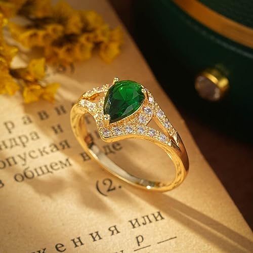 Plated Gold Teardrop Simulated Emerald Cubic Zirconia Halo Ring for Women Pear Shape Green Gemstones Wedding Engagement Promise Ring Finger Jewelry Size 6-104