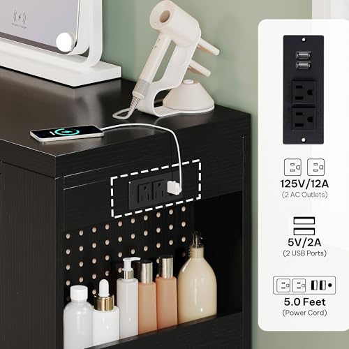 DWVO Vanity Table with RGB Lights, 360° Rotatable LED Drawer Dresser with 6 Drawers, Vanity Desk with Storage Cabinet and Charging Station for Bedroom, Executive Computer Desk for Workspace, Black
