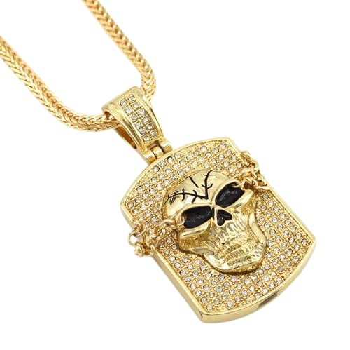 Hip Hop Bling Gold and Silver Tone The Skull Dog Tag Pendant Necklace free 36" chain