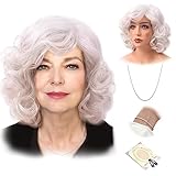 MEDISIFA Silver White Short Curly Wigs for Women Heat Resistant Synthetic Hair Water Wave Womens Wigs for Old Lady Mrs Claus Wig (White)