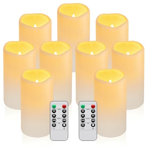 Image of 9PACK Outdoor Waterproof Plastic flameless Candles with Remote Control LED Flickering Battery Operated Pillar Candles Cycling 24 Hours Timer (D3 xH5.5) for Camping, Weddings, Party,Home Decoration