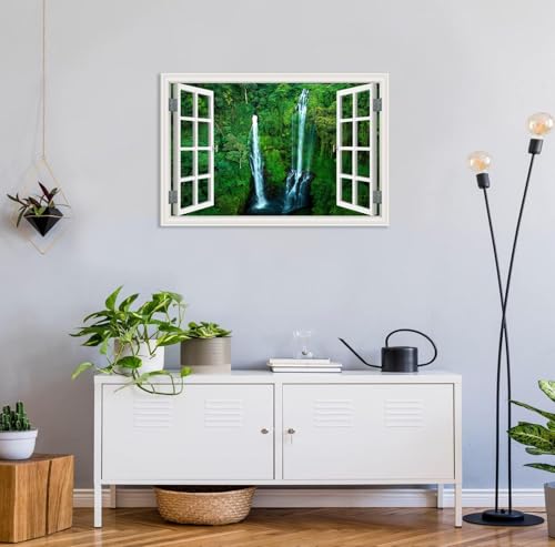 Image of MOBYAT Open Window Forest Canvas,Sekumpur Bali Waterfall,Waterfall Painting Wall Art Nature Landscape Print on Canvas Giclee Print for Living Room Wall Decor105x70cm(41x28in) poster