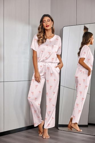 Image of Ekouaer Womens Satin Silky Pajama Set Short Sleeve Shirt with Long Pajama Pant Set Soft PJ Loungewear