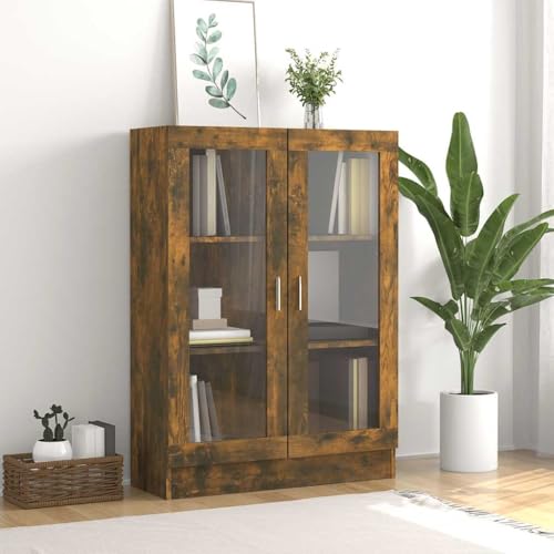 Plumbpyr Armario de madera de roble ahumado con 3 compartimentos, 82,5 x 30,5 x 115 cm, 2 puertas de cristal, espacio para salón, oficina, estudio, práctico almacenamiento y vitrina decorativa