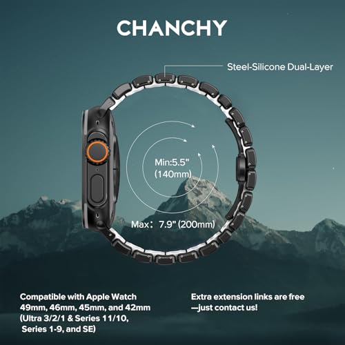 Image of CHANCHY Titanium Band Compatible with Apple Watch Ultra 3 /2 /1 Band 49mm 46mm 45mm 44mm 42mm, Luxury Band Titanium Silicone Dual-Layer Link for Men iWatch Series 11 10 9 8 7 6 5 4 SE
