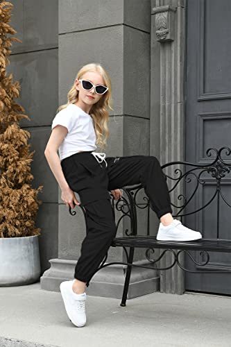 Aowkulae Big Girls Cargo Pants, Drawstring Elastic Waist Loose Tapered Cargo Jogger Pants With Multi Pockets For Girl, Black, 11-12 Years = Tag 160 #TOP3
