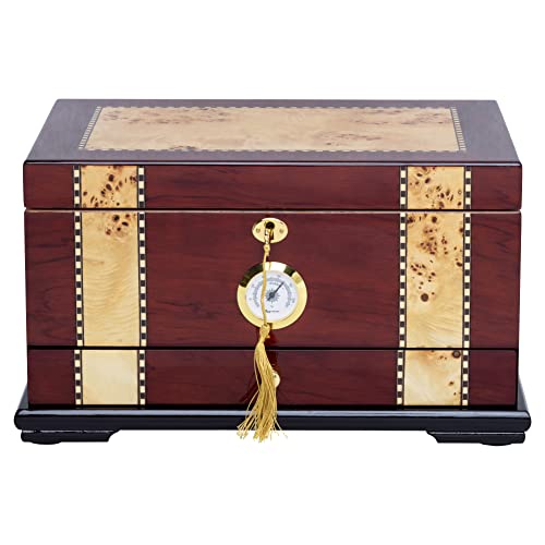Quality Importers Solana Desktop Cigar Humidor, Rosewood With Maple-Burled Wood Inlay, Glass Hygrometer, Spanish Cedar Tray With Divider, Accessory Drawer, Holds 75-100 Cigars #TOP4