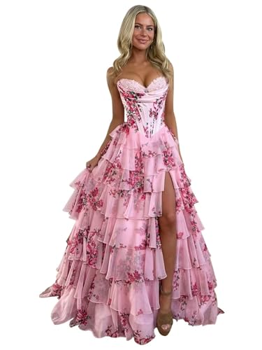 Ballkleid Aus TüLl Mit Blumenmuster Langem Schlitz Korsett Gestuftes Abendkleid TräGerloses Abendkleid Mit Herzausschnitt Und Taschen Pink S