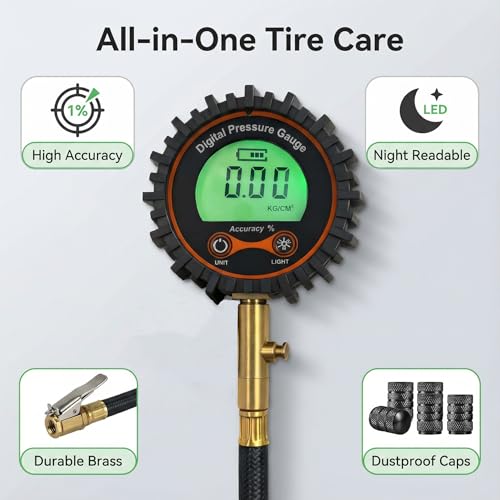 Image of SUVCARMPING 250 PSI Digital Tire Pressure Gauge, Heavy Duty Tire Deflator with Gauge & Backlit LCD (±1% Accurate), Professional Air Pressure Gauge Kit with 4-Way Valve Tool, Caps Cores for Car Truck