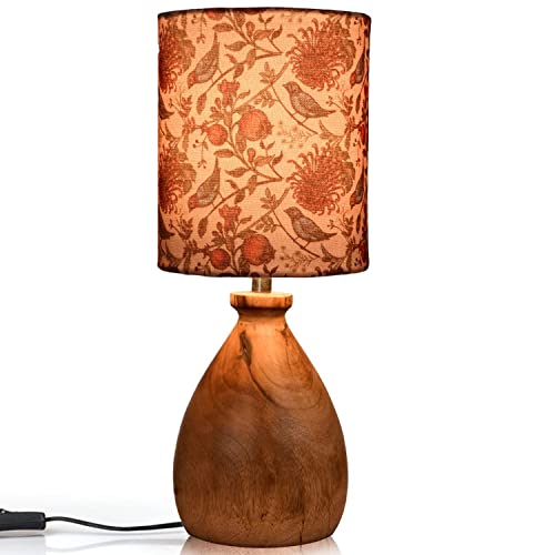 Image of Green Girgit Wooden Dome Table Lamp Bird Printed Shade | Night Lamp | Reading Lamp | Home Decor Items | Wooden Bedside Table Lamp | Room Decor | Kids Room Lamp (Bird Printed)