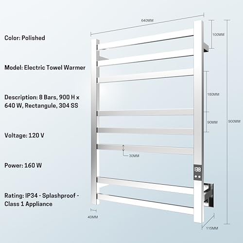 Image of 8-Bar Towel Warmer Rack, Polished Stainless Steel | Polished 304 stainless steel, LED display, 115-155F temp control, 1-24H timer, plug-in or hardwired install