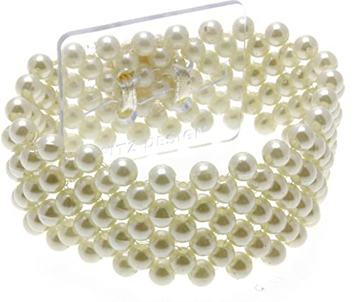 Image of Corsage Creations Narrow Classic Beaded Corsage Bracelet | Elasticated Design for All Wrist Sizes | Easy-to-Use Plastic Attachment | Elegant & Durable | Ideal for Weddings & Special Occasions (Cream)