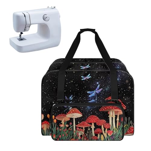 CREAMIC Mushroom Sewing Machine Carrying Case Dragonfly Spacious Case Fits Most Standard Sewing Machines, Sewing Machine Bag with Handle Fully-Padded Interior, Easy Zip, Large Front Pocket