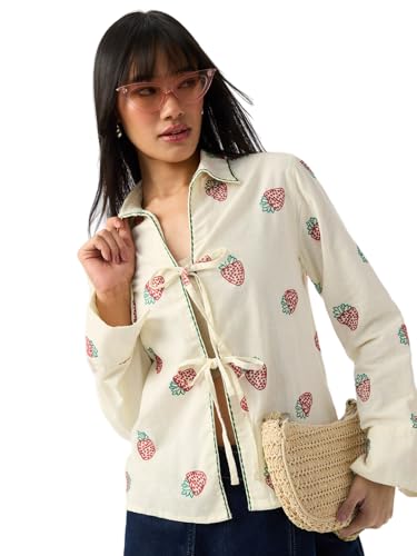 Chemise à lacets femme manches longues coton regular fit à col floral brodé