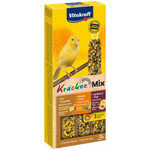 Vitakraft Mezcla de galletas, aperitivos para pájaros, palitos de mordisco, con huevo y semillas de hierba, con albaricoque e higo, con miel y sésamo, para el cuidado del pico, sin azúcar añadido x3