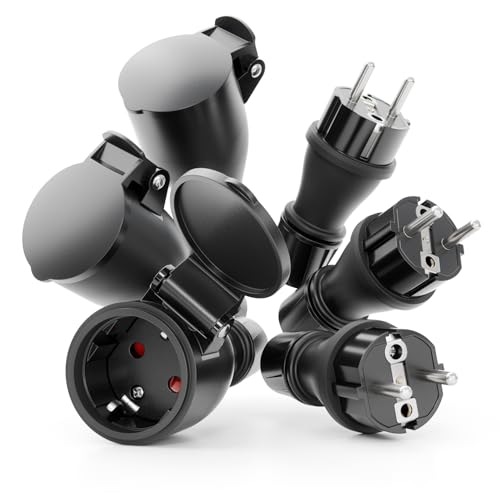 greate Lot de 3 prises mâles + 3 prises femelles Schuko étanches IP54 - Avec protection anti-torsion et anti-traction - Prises femelles 230 V, 2 pôles, 16 A...