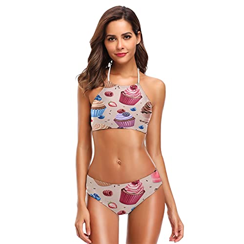Mnsruu Cupcake Cherry Blueberry Maillot de bain 2 pièces rembourré taille haute pour femme - Multicolore - XXL Cover