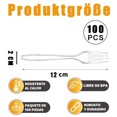 Plastikgabel 100 Stück | Plastikbesteck Plastikgabeln | Mehrweg & Robust Plastik Gabel | 12cm Kuchengabeln Plastik | Spülmaschinenbeständig gemäß