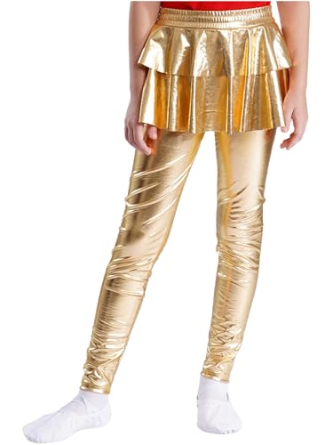 Kids Girls Metallic Tutu Leggings with Ruffle Skirt Sparkly Shiny Stretchy Skirted Pants Dance Pantskirt