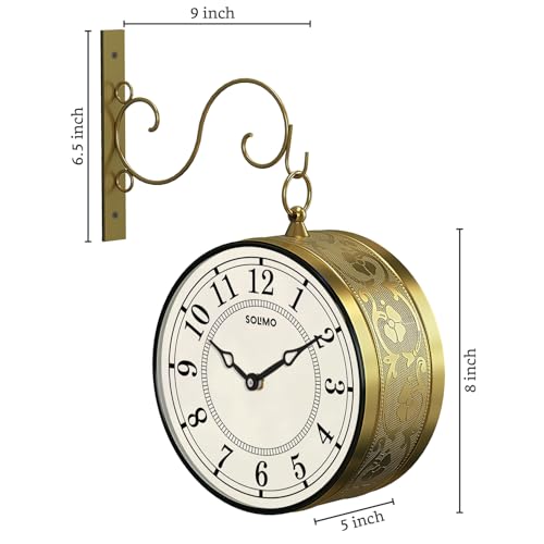 Image of Amazon Brand - Solimo 8 Inch Vintage Station Analog Clock One Side Roman and Other Side Numeral Dial (Brass Finish) (Type-3)