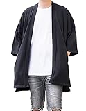 LOST IN BKK Men's Long Oversized Kimono Cardigan Noragi Street Jacket Haori Man Yukata Coat (Black)