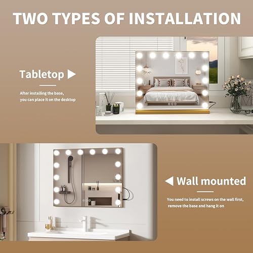 Image of Vanity Mirror with Lights 19.7''x16.6'' Makeup Mirror with Lights Lighted Up Mirror with Dimmable LED Bulbs,3 Color Lighting Modes,USB Charging Port Touch Control,Sturdy Metal Frame Design,Gold