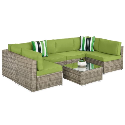 Best Choice Products 7-Piece Modular Outdoor Sectional Wicker Patio Conversation Set w/ 2 Pillows, Coffee Table, Cover Included – Taupe/Pistachio