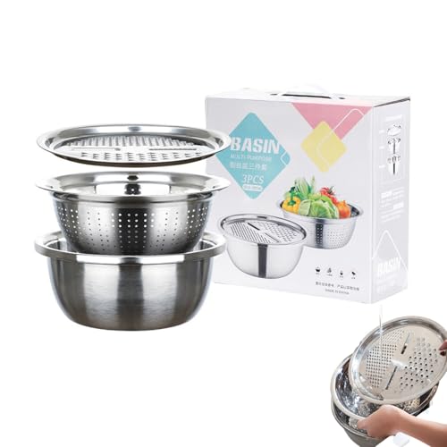 Germany Multifunctional Stainless Steel Basin, 3-in-1 Stainless Steel Basin Set, Multifunctional Bowl with Grater, Strainer Drainage for Chopping Washing Shredding Kitchen Use (11.02in)