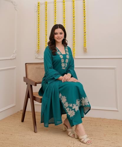 Image of ANNI Designer Pure Cotton Embroidered Kurta Set for Women | Rust Orange Kurta with Pants & Dupatta | Floral Neck & Hem Embroidery | Cotton Kurta Set for Women | 10 Colour Options Available