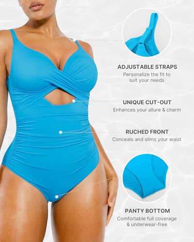 Image of SHAPELLX Tummy Control Swimsuits Women V Neck One Piece Bathing Suit Ruched Push Up Slimming Swimwear Built-in Bra