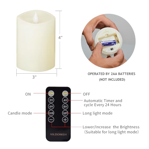 Image of 3x4 Flameless Candles Set of 1, 2AA Battery Life 600 Hours Battery Candles Flickering with Timer, 4 inch Flameless Candles with Remote for Indoor /Outdoor, Ivory