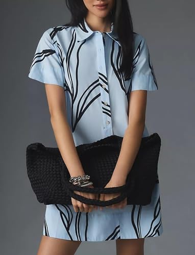 Image of Women's Short Sleeve Swing Tunic Mini Dress Button Up Blouse Shirt Summer Loose Casual Flowy A Line Short Dress