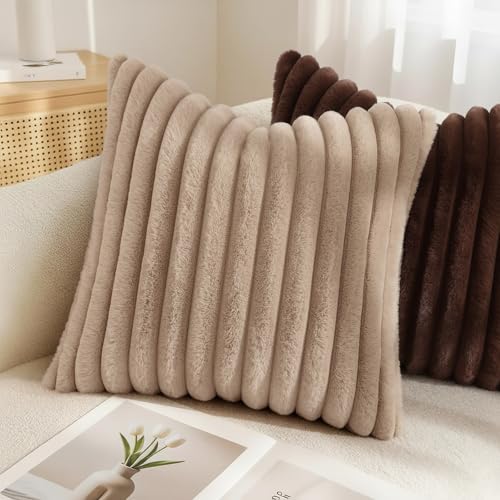 Image of decorUhome Fall Cozy Faux Fur Throw Pillow Covers 12x12 Set of 2 Decorative Soft Plush Striped Modern Farmhouse Boho Couch Pillow Cases with Velvet Back for Sofa Bed Living Room, Khaki Brown