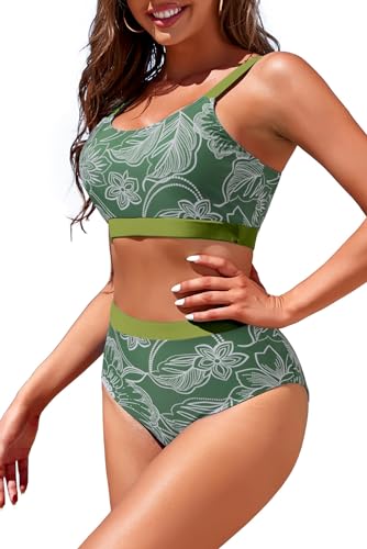 Image of Womens High Waisted Bikini Sets Sporty Crop Top Color Block Swimwear Bandeau Scoop Neck Vintage Two Piece Bathing Suits