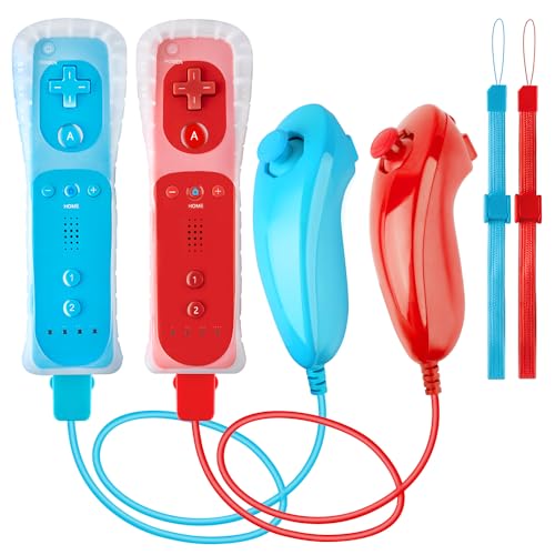 XiQiDianr Wii Remote Controller and Nunchaku Controller,Wii Controller with Nunchuck, Used Compatible with Nintendo Wii/Wii U Console, with Silicone Case and Wrist Strap(Red+Blue)
