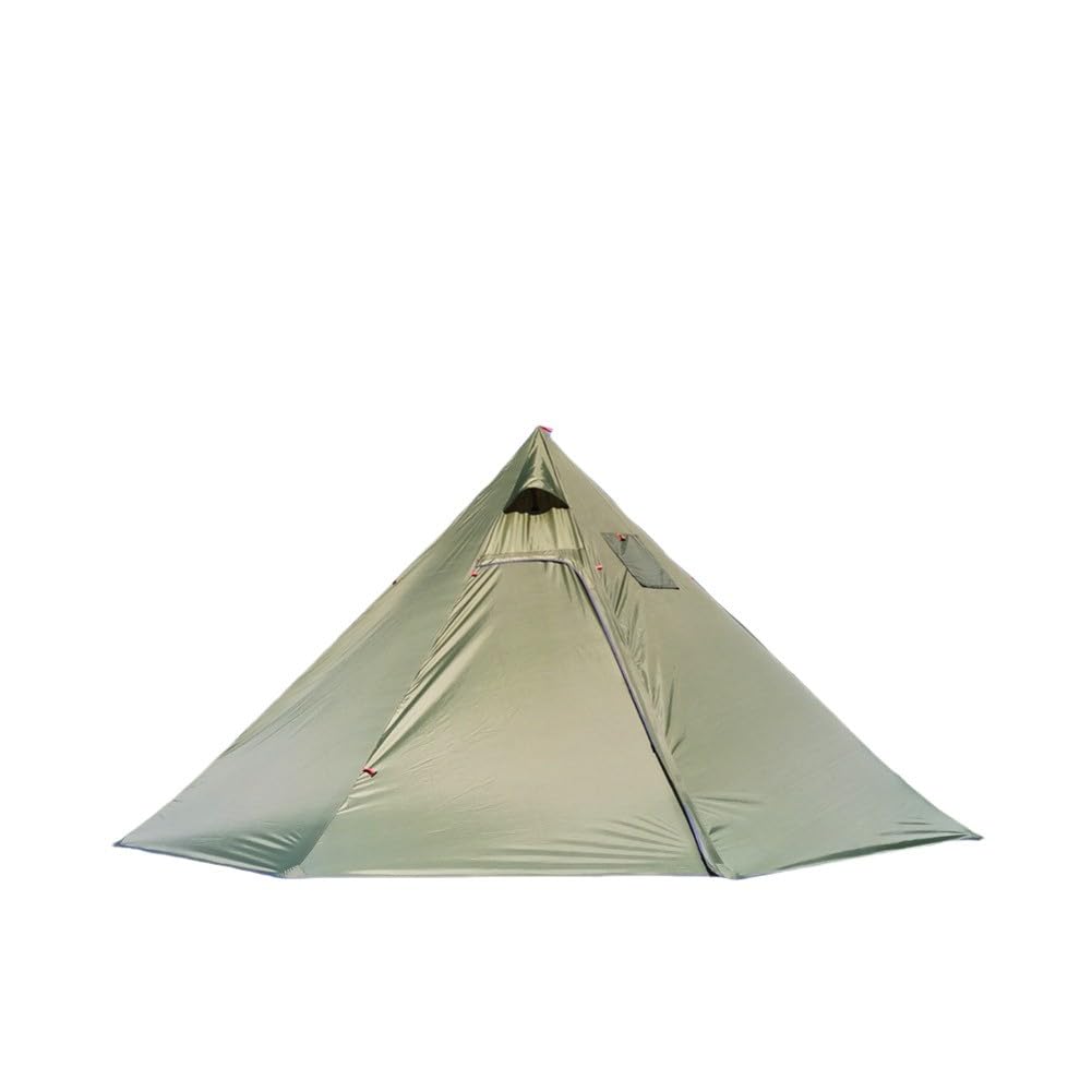 Tingxue - Tienda de campaña piramidal para 4 personas con salida de humo, resistente al fuego con estufa de leña, tienda de campaña ligera con cúpula de tejido 210T y varillas de aluminio para camping