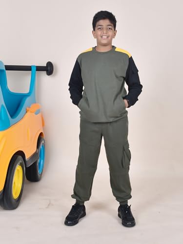 Image of KiddoPanti Boys Solid Fleece Cargo Track Pants | Cotton Poly Fleece Fabric | Ankle Length Jogger | 2 Cargo Pocket,1 Side Pocket | Elastic Waist & Drawcord | Jogger Track Pants