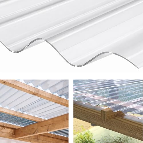 Clear Plastic Corrugated Roofing Sheets 0.8mm Thick 2.5ft Wide x 8ft Long Transparent UV-Resistant Roof Panels for Shed Greenhouse & Carport