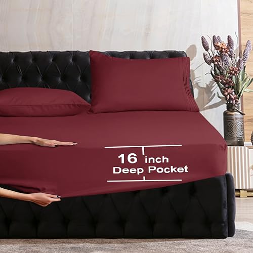 Image of Mocassi King Sheet Set - Luxury Hotel 1800 Premier Bedding Sheets & Pillowcases - Ultra Soft Breathable & Cooling Bed Sheets - Deep Pocket - Wrinkle Resistant - 6 Piece Set - King, Burgundy